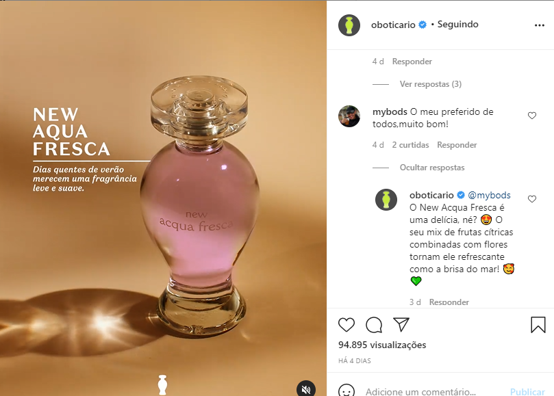 OBoticário responde os clientes de forma personalizada pelo Instagram.