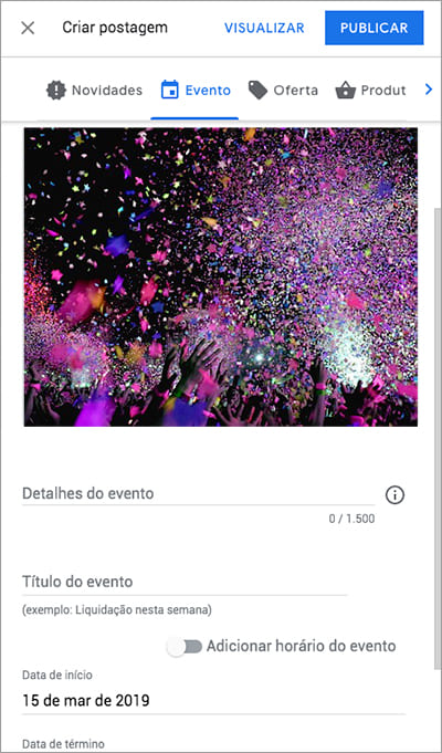 Postagem de Eventos no Google Meu Negócio.