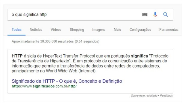 Resultado de uma pesquisa no Google do significado de HTTP.