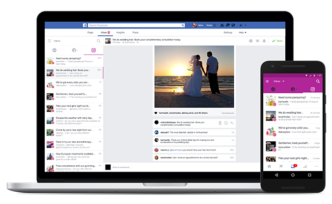 Caixa de mensagem única que reúne contatos do Facebook, Messenger e Instagram.