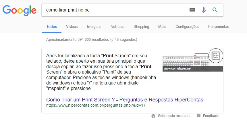 Pesquisa no Google do termo "como tirar print no pc" com um Snippet em Destaque explicando o processo.