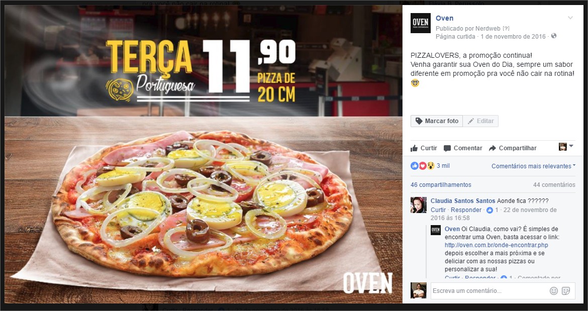 Publicação da Oven Pizza no Facebook, mostrando uma pizza cortada e a aba de comentários ao lado.