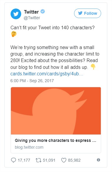 Anúncio do Twitter sobre o aumento de caracteres por tweet.