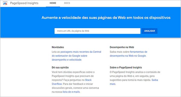 Página inicial do Google PageSpeed Insights, ferramenta utillizada para testar a velocidade de um site.