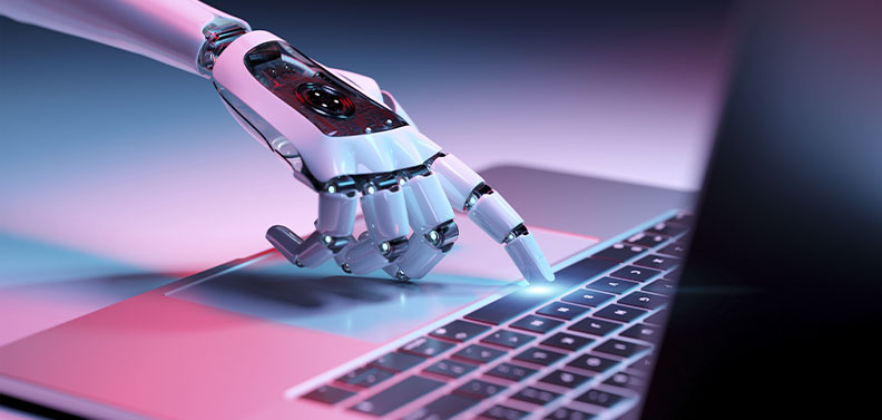 mão de um robô apertando uma tecla no teclado de um notebook, representando as inteligências artificiais que mandam e-mail para os clientes