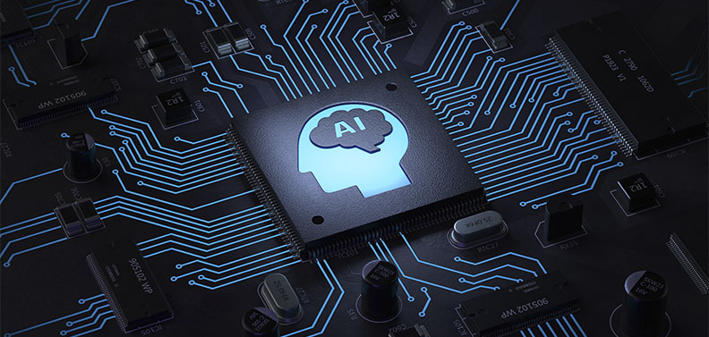 chip com o desenho de uma cabeça humana e a sigla AI escrita no cérebro