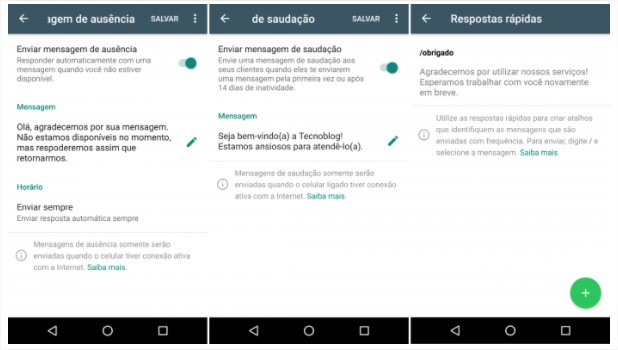 Configurações de mensagens automáticas no WhatsApp Business.