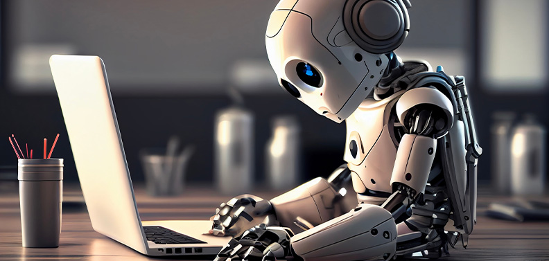 robô usando um notebook, fazendo alusão às inteligências aritificiais de chatbots
