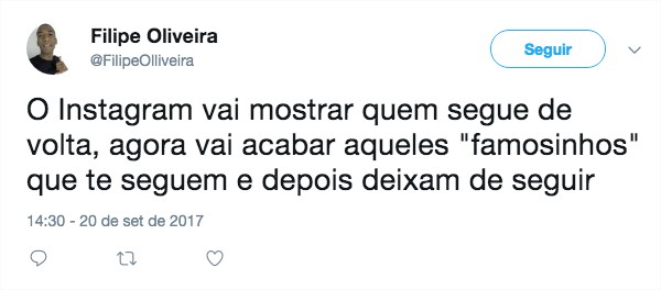 Pessoa comentando no Twitter sobre o novo recurso do Instagram de mostrar quem te segue.