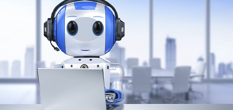 robô sentado em frente a um notebook representando um chatbot