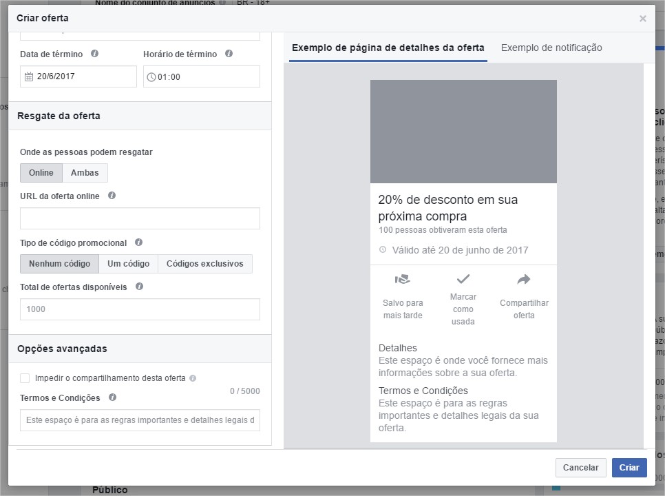Página de criação de ofertas no Facebook.