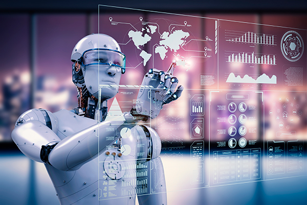 Robô humanóide clicando sobre um país em uma tela holográfica, representando o machine learning no marketing digital.