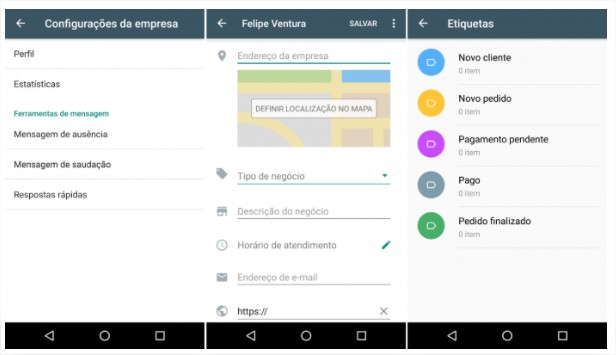 Configurações de empresa no WhatsApp Business.