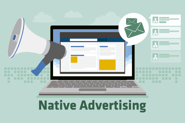 Megafone ao lado de um notebook e o termo Native Advertising abaixo.