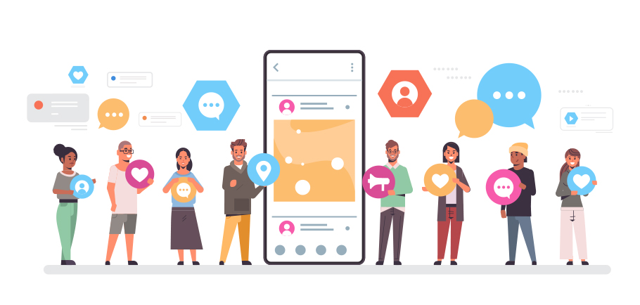 Várias pessoas segurando ícones de interação em redes sociais e ao centro há um celular com um feed de Instagram aberto.