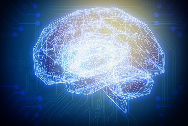 Cérebro formado por circuitos interligados, representando a inteligência artificial.