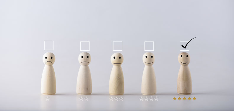 bonequinhos de madeira representando a classificação da qualidade da empresa