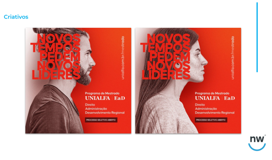 Design personalizado criado para a UNIALFA. Um homem e uma mulher estão de perfil e sobre suas cabeças lê-se a frase "novos tempos pedem novos líderes".